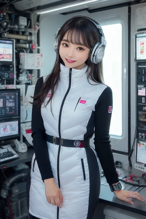 masterpiece, highest quality, Very detailed, 8K Portrait,Japanese Android Girl,plump , Control panel,Robotic arms and legs, Blunt bangs,,break (Metallic Gray, Metallic luster, Mirror finish, Astro Best):5,headphone:5,break (Black sleeves):100,Smart Watches,Futuristic space station,Control Room,break headphone,blue eyes,(Black Hair):2,(Long Hair):1.3,View the viewer,(respirator),break blush:3,Hidden Hand,smile