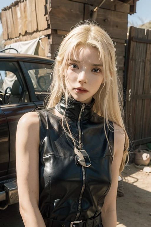 girl, Leather Fashion, Bondage, Blonde, Platinum Blonde, 
Mad Max風の衣装コスプレ, skinny, slender,
 Exposed leather, 黒茶色のBondageレザー, 
Dry Moorland, sunshine, Outdoor, オーストラリアのdesert, desert, 
Dirty and worn-out modified car, Mad Max, 
ボロボロのBondage, Dirty Leather, 破れたBondage, 
