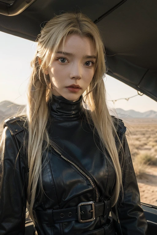 girl, Leather Fashion, Bondage, Blonde, Platinum Blonde, 
Mad Max風の衣装コスプレ, skinny, slender,
 Exposed leather, 黒茶色のBondageレザー, 
Dry Moorland, sunshine, Outdoor, オーストラリアのdesert, desert, 
Dirty and worn-out modified car, Mad Max, 
ボロボロのBondage, Dirty Leather, 破れたBondage, 
