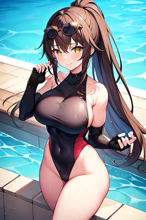 1girl, one-piece swimsuit, black one-piece swimsuit, brown hair, ponytail, highleg, cleavage, eyewear on head, yellow eyes, yellow trim, bare legs, thick thighs, huge breasts, smile, pool, competition swimsuit, sleeves, long sleeves, gloves, elbow gloves, chocker, ((bare legs)), standing, hourglass figure, ((sleeves)), ((fingerless gloves))
