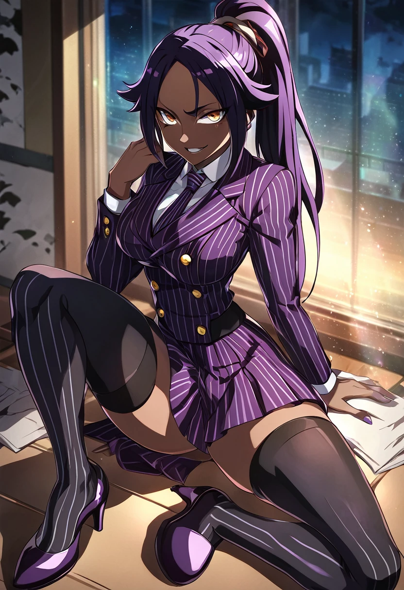 Full body Yoruichi as a thin Black business woman in a double breasted pinstripe purple skirt suit while wearing a tie with a purple pinstripe skirt and with purple knee sock’s and stockings wearing purple heels while sitting full art anime