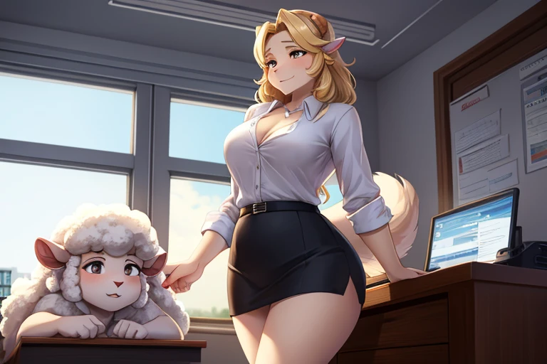 Hallucination, daydream , Fear , Fantastic , bokeh , hairy fur , tight fit skirt , white blouse , (mature wolf woman) and (Fluffy Sheep Man:1.3) , blondy , (flat chest) , Seducer , Show secretly , office , working time , Base of the tail , see-through , Maternal love , I can not stand it any longer
