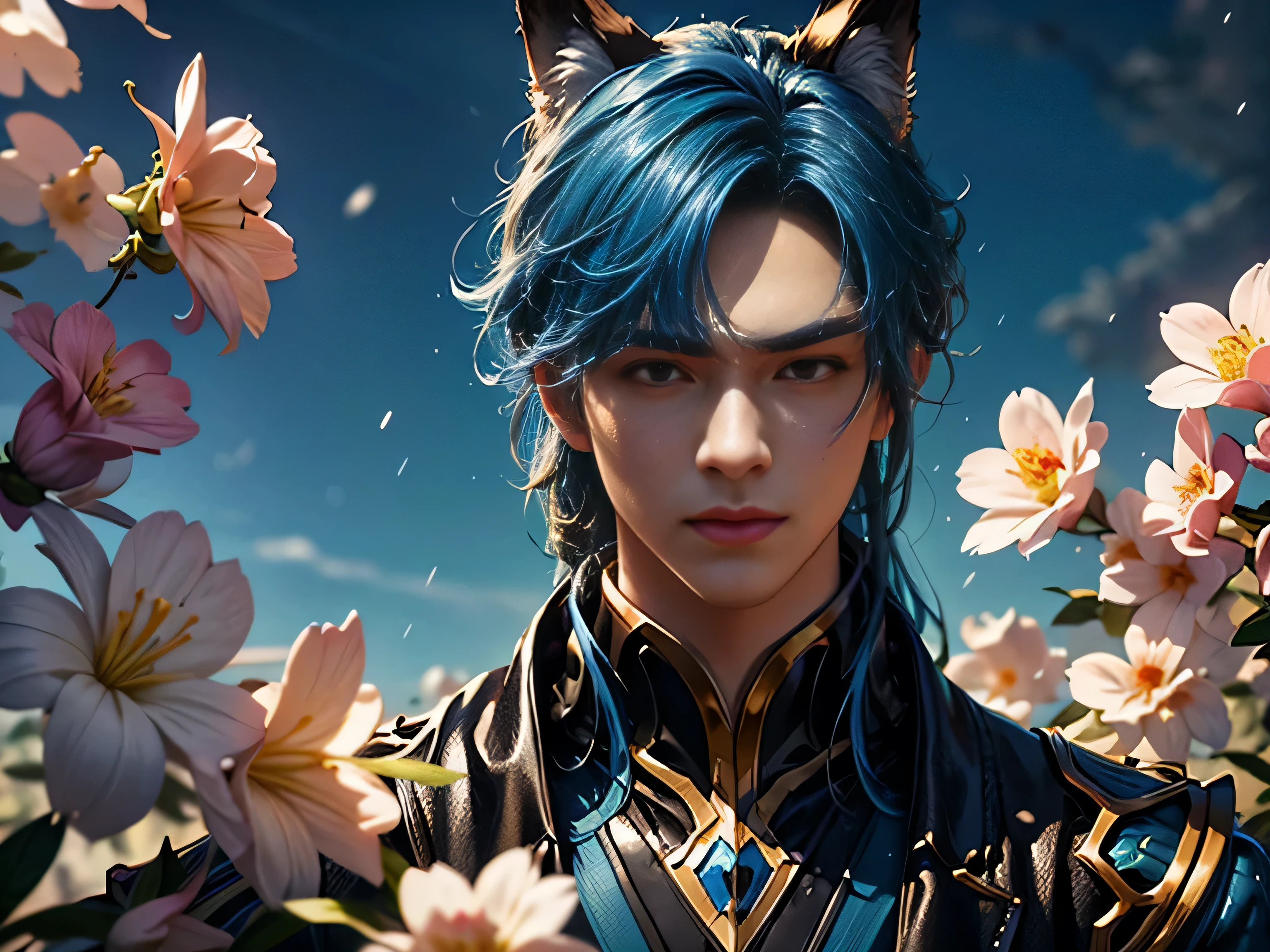 (Best Quality, 8K, Masterpiece, HDR, Soft Lighting, Picture Perfect, Realistic, Vivid), Nine tails of black fox(1.0), black fox tail(1.0), nine tailed fox, anime guy with blue hair and blue dressed in sexy leather suit, beautiful fantasy anime, very beautiful and cute fox guy, pink flower rain, background blur, anime fantasy, work in the style of Gouves, realistic:1.37, view from above, lies in pink flowers, horizontal view, (ultra high quality fantasy art), masterpiece, male model, ultra high quality male character designs, anime art with 8k development, realistic anime art, highest quality wallpaper illustrations, complex ultra high quality accurate male characters faces, high quality design and accurate physics (super-quality fantasy style)), art, dark fantasy)) Style), masterpieces, super-quality characters, anime resolution - 8K, realistic anime art, wallpapers with the highest quality illustrations, ultra-high detail of faces, high-quality design and physics accuracy), color, depth of field, shadows, ray tracing, production of high-quality computer wallpapers and 8K resolution, (Accurate simulation of the interaction of light and materials)], [High-quality detailed hair [More about beautiful and shiny red hair]], (Beautifully detailed hands [perfect fingers [Perfect nails]], (perfect anatomy (perfect proportions)))) [[Full length]], [Perfect color combination (Accurate imitation of the interaction of light and material)], [art that conveys the meaning of the story ]