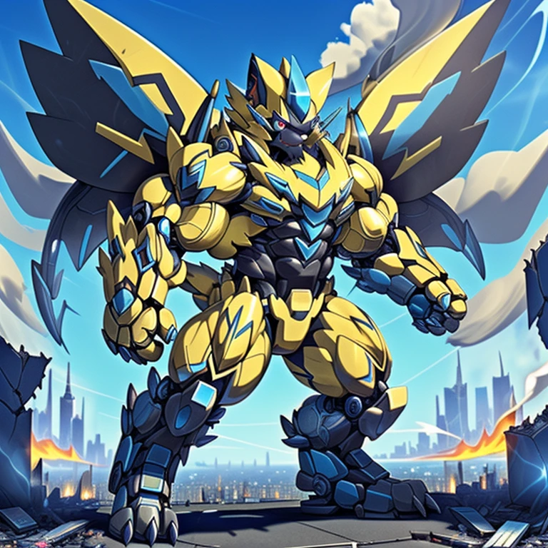 destroyed city, dominating zeraora,


8k, high resolution, giant mechanical Muscular Zeraora, giant mechanical Muscular Zeraora is trampling the city, Zeraora is over 1000 meters long. Additional details: (masterpiece, official art, 8k, best quality) terrifying and imposing design, (smoke and flames rising from the destruction in the background, a lone figure) (high-tech bio-mecha armor, real texture material), (gigantic muscles, Gigachad Muscular, big muscle, pecs, triceps, traps, unusually developed muscular body, body full of huge muscles. showing off muscles, pectorales enormes, Exaggeratedly huge muscles.), (whole body shines like metal, Wearing cyberpunk mecha, emphasizes the muscles, suit fully made of metal, intricate armor, Robotic suit, suit fully made of metal, cyborg), (Spread wings, It has wings, have big wings, golden wings), (giant zeraora, Zeraora's giant robot, Powered exoskeleton with the same design as Zeraora), gundam,