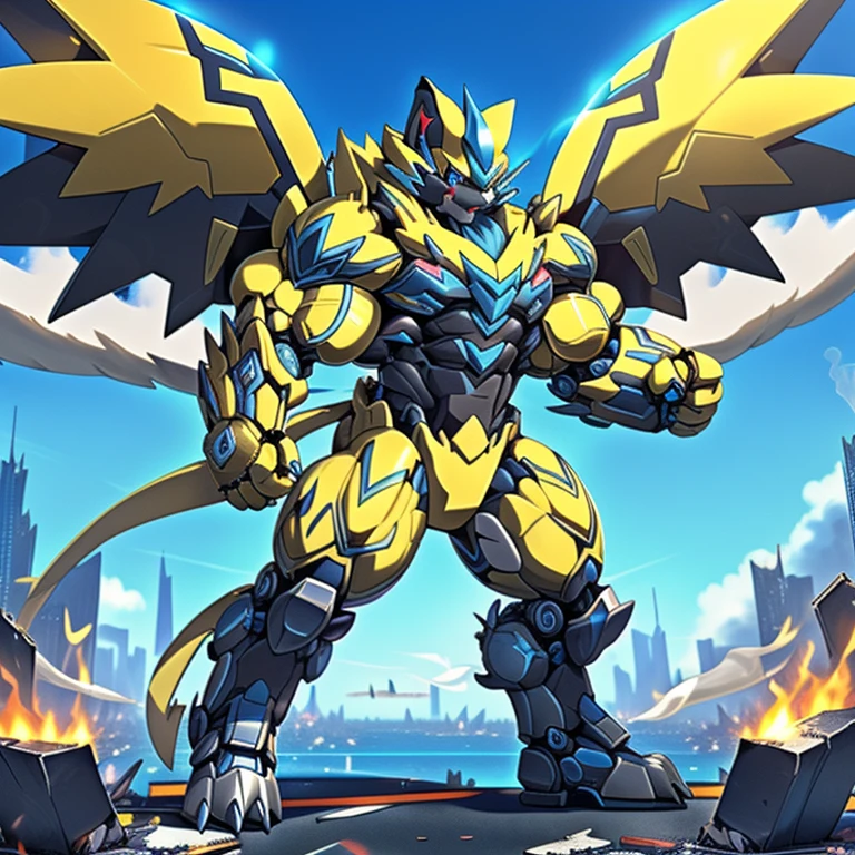 destroyed city, dominating zeraora,
8k, high resolution, giant mechanical Muscular Zeraora, giant mechanical Muscular Zeraora is trampling the city, Zeraora is over 1000 meters long. Additional details: (masterpiece, official art, 8k, best quality) terrifying and imposing design, (smoke and flames rising from the destruction in the background, a lone figure) (high-tech bio-mecha armor, real texture material), (gigantic muscles, Gigachad Muscular, big muscle, pecs, triceps, traps, unusually developed muscular body, body full of huge muscles. showing off muscles, pectorales enormes, Exaggeratedly huge muscles.), (whole body shines like metal, Wearing cyberpunk mecha, emphasizes the muscles, suit fully made of metal, intricate armor, Robotic suit, suit fully made of metal, cyborg), (Spread wings, It has wings, have big wings, golden wings), (giant zeraora, Zeraora's giant robot, Powered exoskeleton with the same design as Zeraora), gundam,