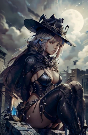 Dis Topia dystopian and mysterious landscape with moonlight and smoke. perspectiva baixa. Uma guerreira sentada em uma pilha de tijolos. Ela usava um conjunto complexo e natural de armadura branca e prateada. Incluindo destaques laranja e amarelo. Character shapes are sharp and detailed. with a mysterious hat covering her head She is armed with a bow. She is sitting on a pile of bricks in a powerful pose. Add details like intricate patterns to the armor.