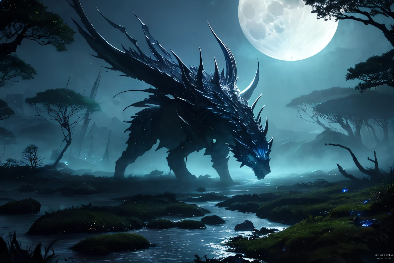 Moonlight greatsword, high-fantasy, magical effects, hyper realistic, hyper detailed, mysterious air, ancient and abandoned, grown-over, luminescent moss, dark atmosphere, glowing lights spread evenly, very aesthetic, beautiful underwater scenery in the background,full moon