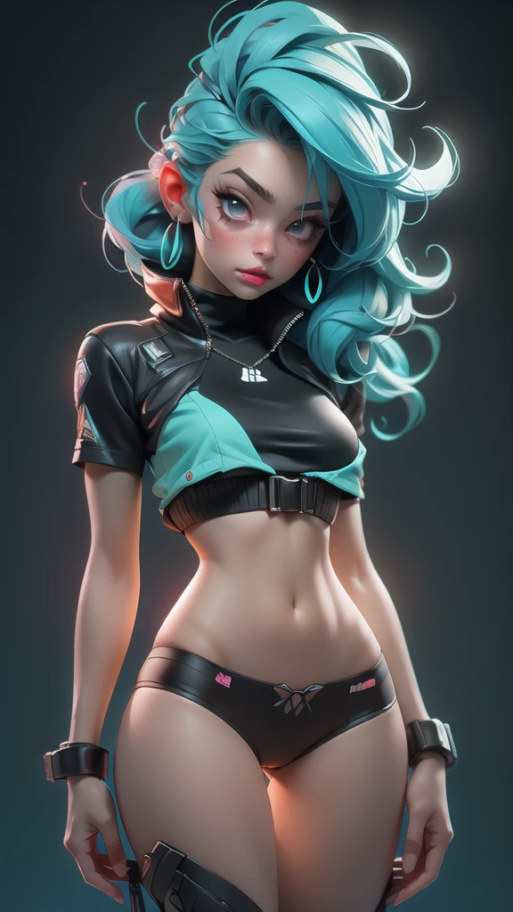 ((Best Quality)), ((Masterpiece)), ((Realistic)) and ultra-detailed photography of a 1 nerdy girl with goth and neon colors. She has ((turquoise hair)), wears a (tech-wear top) and a (black thong, red pattern:1.2) , ((beautiful and aesthetic)), sexy, under-boobs, hot