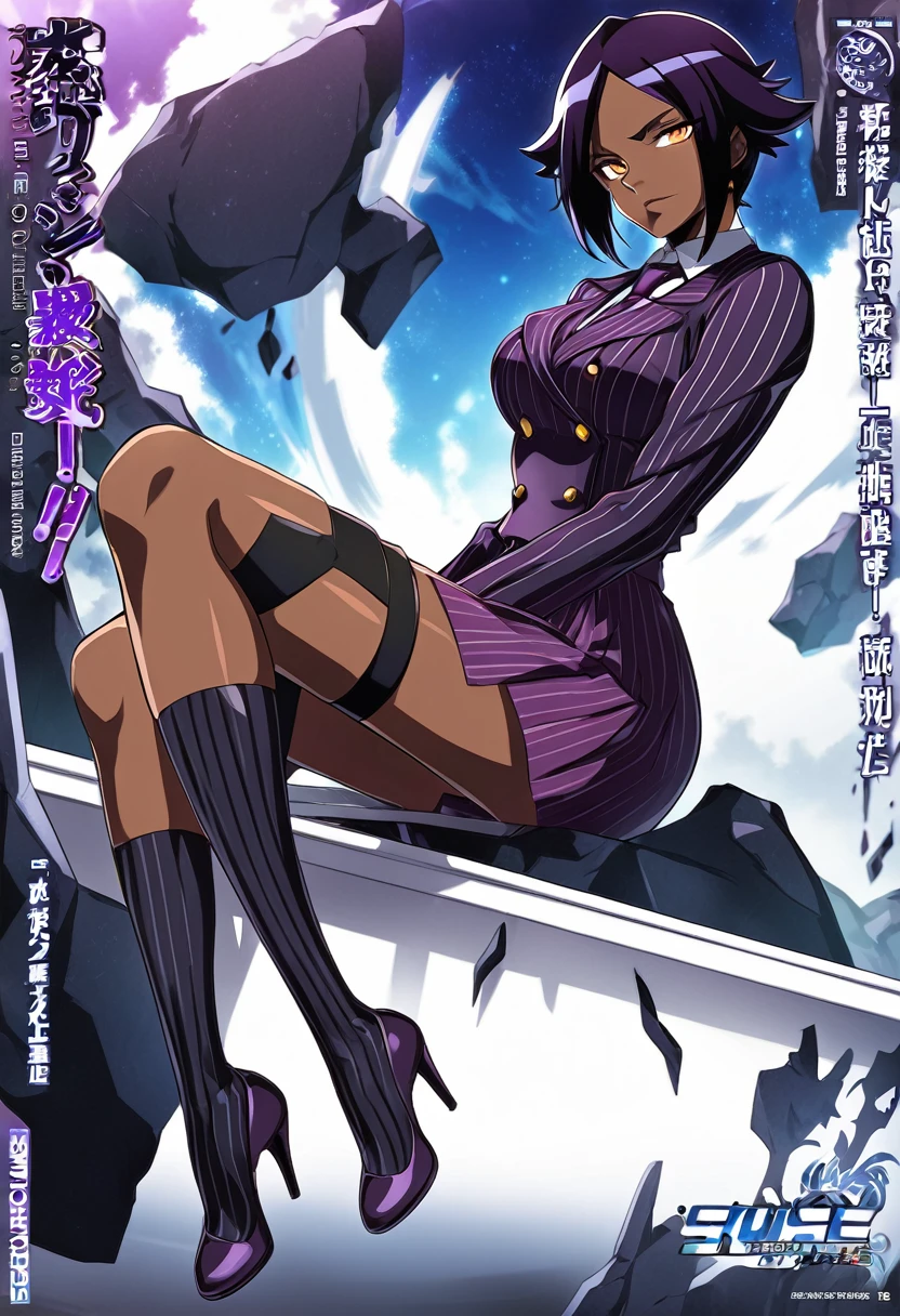  Full body Yoruichi as a thin Black business woman in a double breasted pinstripe purple  skirt suit while wearing a tie with a purple pinstripe skirt and with purple knee sock’s and stockings wearing purple heels while sitting full art anime 