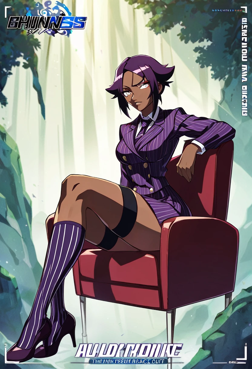  Full body Yoruichi as a thin Black business woman in a double breasted pinstripe purple  skirt suit while wearing a tie with a purple pinstripe skirt and with purple knee sock’s and stockings wearing purple heels while sitting full art anime 