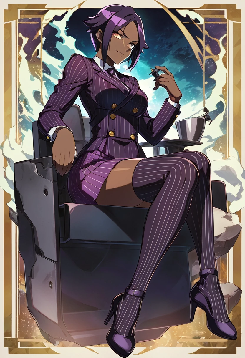  Full body Yoruichi as a thin Black business woman in a double breasted pinstripe purple  skirt suit while wearing a tie with a purple pinstripe skirt and with purple knee sock’s and stockings wearing purple heels while sitting full art anime 