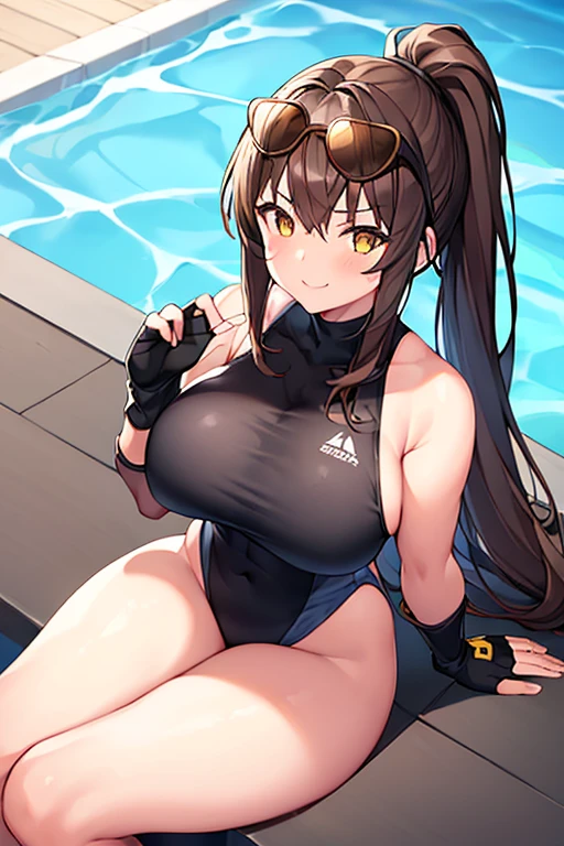 1girl, one-piece swimsuit, black one-piece swimsuit, brown hair, ponytail, highleg, cleavage, eyewear on head, yellow eyes, yellow trim, bare legs, thick thighs, huge breasts, smile, pool, competition swimsuit, sleeves, long sleeves, ((bare legs)), ((sleeves)), ((fingerless gloves)), ((long sleeves))