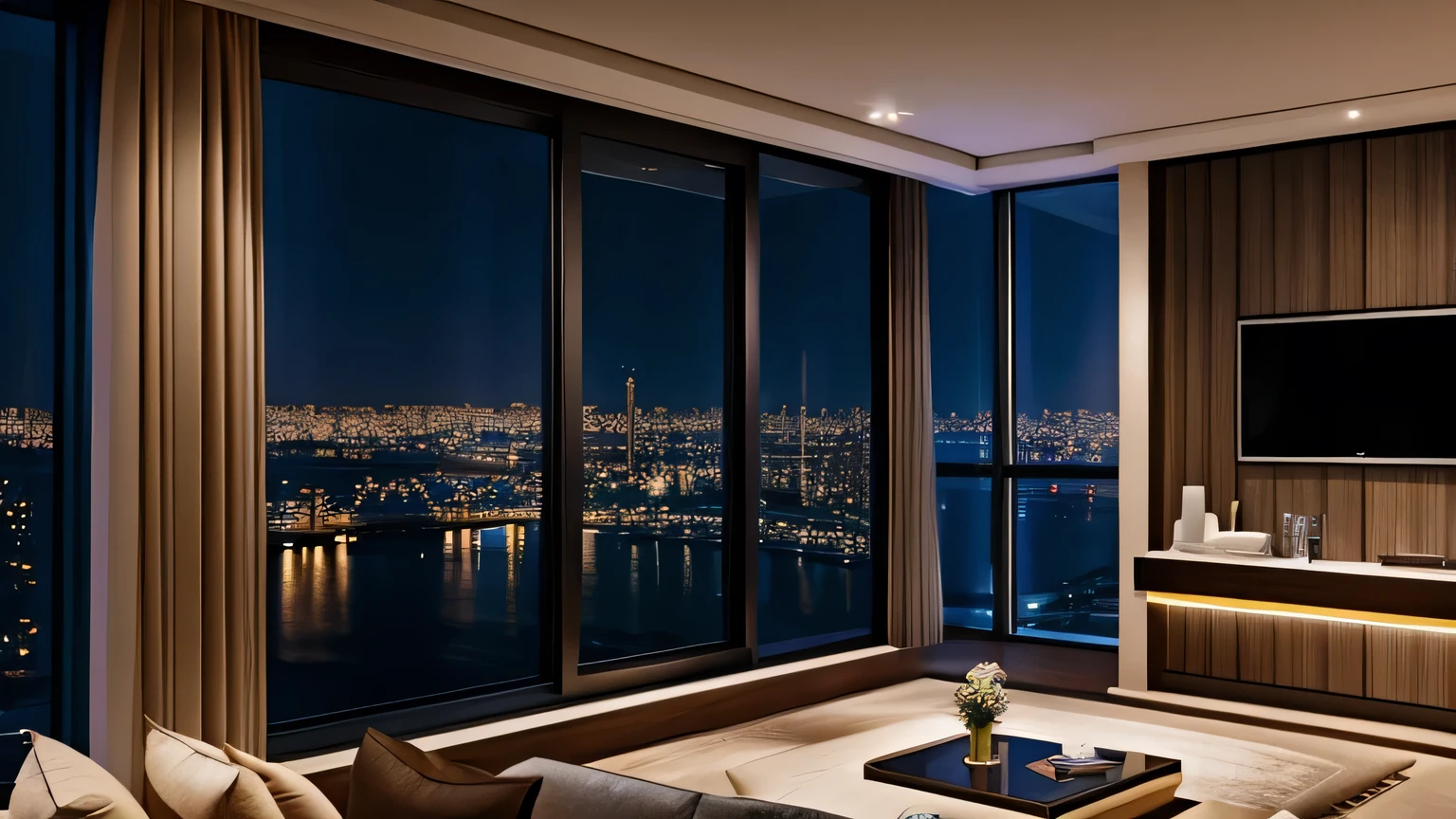 Living room in a luxury high-rise apartment、night、I can see the night view from the window、Photorealistic、8K、