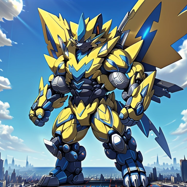 destroyed city, dominating zeraora, (masterpiece), a giant zeraora walking on a destroyed city,
8k, high resolution, giant mechanical Muscular Zeraora, giant mechanical Muscular Zeraora is trampling the city, Zeraora is over 1000 meters long. Additional details: (masterpiece, official art, 8k, best quality) terrifying and imposing design, (smoke and flames rising from the destruction in the background, a lone figure) (high-tech bio-mecha armor, real texture material), (gigantic muscles, Gigachad Muscular, big muscle, pecs, triceps, traps, unusually developed muscular body, body full of huge muscles. showing off muscles, pectorales enormes, Exaggeratedly huge muscles.), (whole body shines like metal, Wearing cyberpunk mecha, emphasizes the muscles, suit fully made of metal, intricate armor, Robotic suit, suit fully made of metal, cyborg), (Spread wings, It has wings, have big wings, golden wings), (giant zeraora, Zeraora's giant robot, Powered exoskeleton with the same design as Zeraora), gundam,