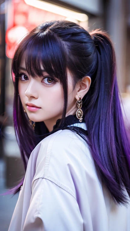 Anthro pony, multiple purple hair, long hair, purple eyes, oversized white jacket,wind blowing, from behind, looking at viewer, head tilt,close-up, expressionless, blushing, masterpiece++,ultra-detailed++, extremely detailed++, best lighting++, best quality++, cinematic shot+, extremely detailed eyes++, sunlight+, blurred background, art by Kazenoko, featured on pixiv, 1girl, by Ilya Kuvshinov, Kantoku art, very detailed anime art by Redjuice, crescent earrings