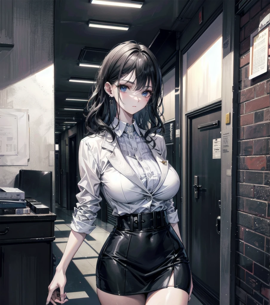 absurdres, RAW photo, extremely delicate, extremely beautiful, masterpiece, Best Quality, ultra high resolution, 32k, hyperrealistic, ultra-detailed description, perfect anatomy, pale skin, 20 years old, detailed beautiful face, detailed beautiful face eyes, tearful mole, earring, short medium hair, wavy hair, black hair, Colossal tits, slim body, narrow waist, whole body, a woman in a stylish business suit, elegant blazer, crisp blouse, and sleek skirt, elegant, professional, office setting, modern interior,