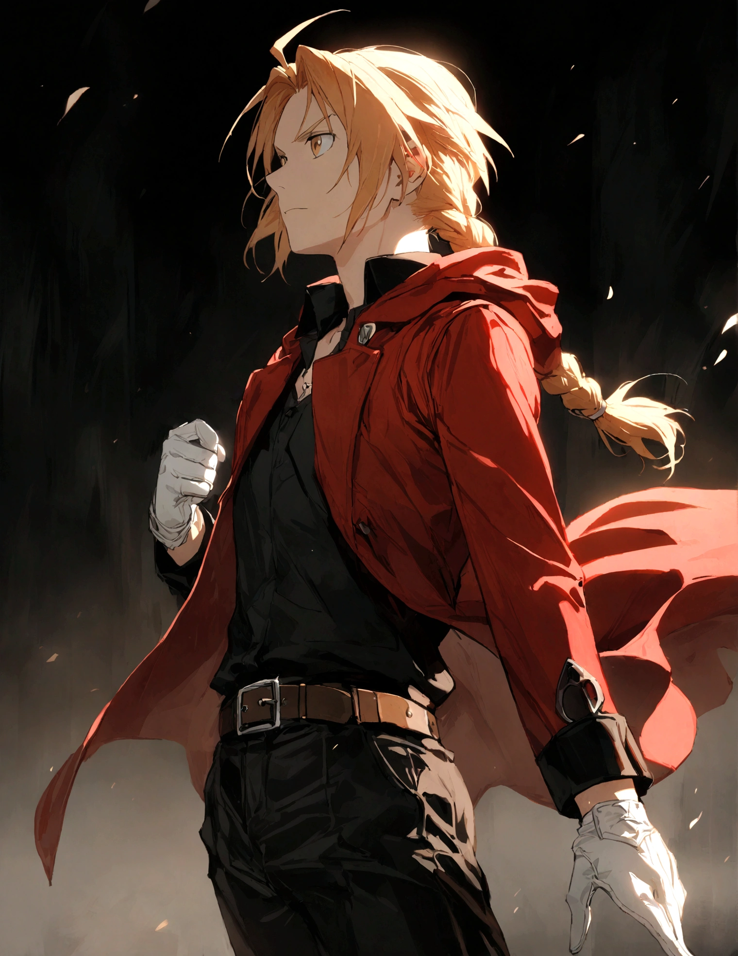 1 boy, Edward Elric\(Fullmetal Alchemis\), red coat, hood, white gloves, black pants, belt, black jacket, black shirt, braided ponytail, 