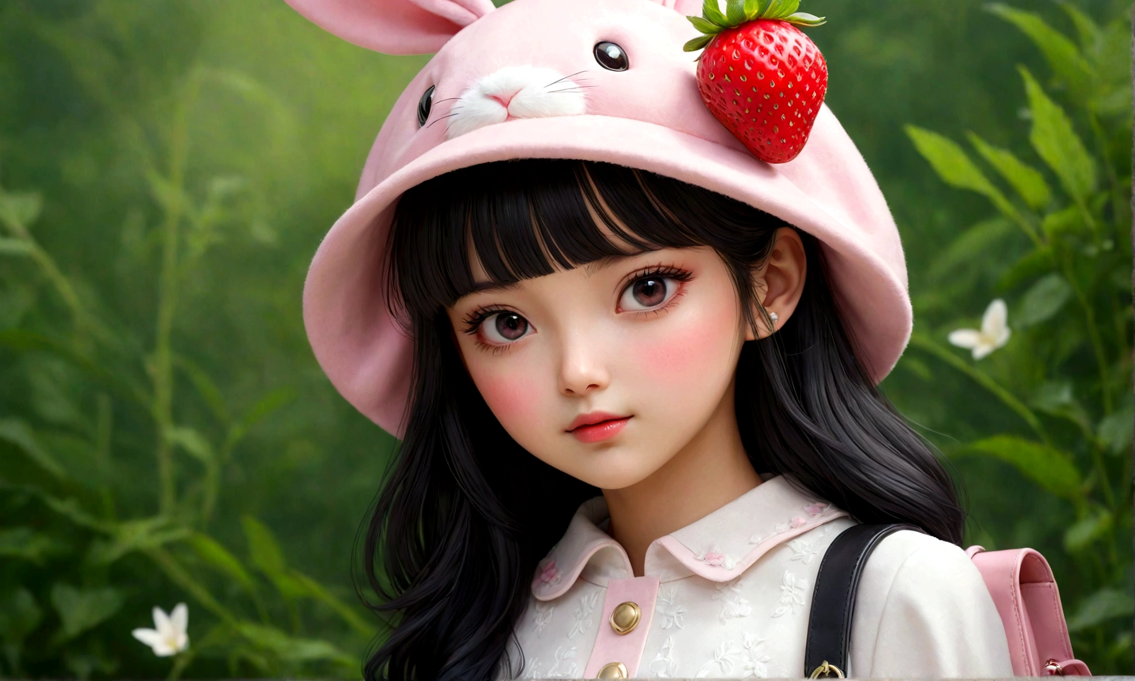 strawberry pink cute girl whole body Wearing a rabbit hat, Long sleeve white dress, And heeled shoes. Her black bangs peeked out from under her hat、Each eye has three eyelashes。. Shine; Sparkling strawberryの花 Going out carrying a shoulder bag on one's shoulder Date
