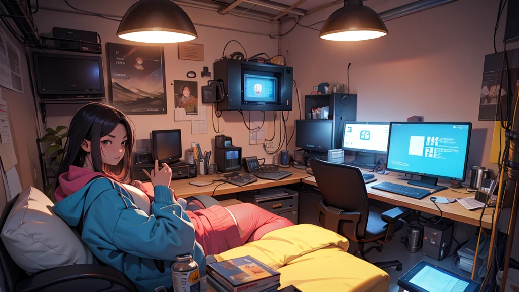 Uma chinesa de 16 anos, hacker especialista em tecnologia. She is in her cozy and relaxing room