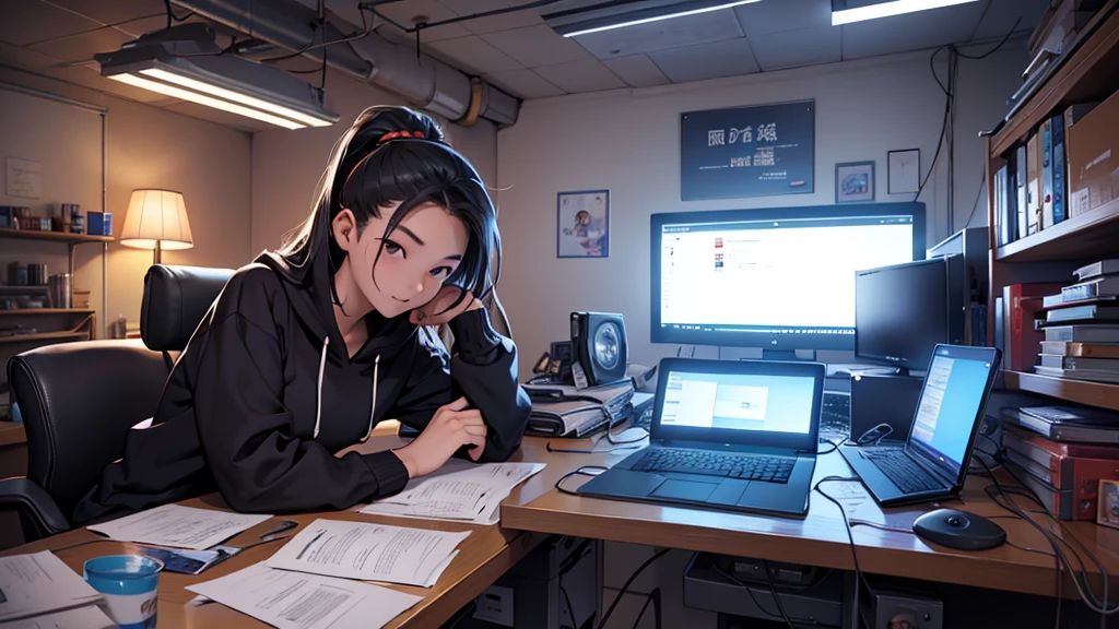 Uma chinesa de 16 anos, hacker especialista em tecnologia. She is in her cozy and relaxing room
