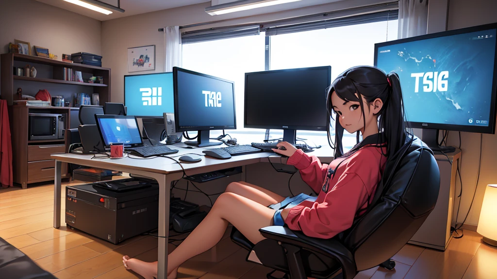 Uma chinesa de 16 anos, hacker especialista em tecnologia. She is in her cozy and relaxing room