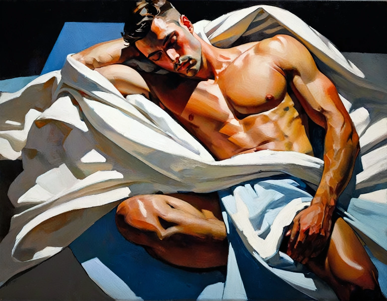 chiaroscuro technique on sensual illustration of an arafed man resting in white blanket, sexy masculine, model with attractive body, inspired by Ludovit Fulla, mid-shot of a hunky, the model draped in flowing, thick oil painting by Harumi Hironaka, extremely soft colors, vibrant, highly detailed, malcolm liepke painting, oil on canvas, high contrast, dramatic, refined, tonal, Create high contrast between light and shadow by Leon Polk Smith, memphis abstract minimal art, graphic shapes, minimal art, blue and red, minimal art style, bauhaus art, inspired by El Lissitzky, bold simple shapes, shadow