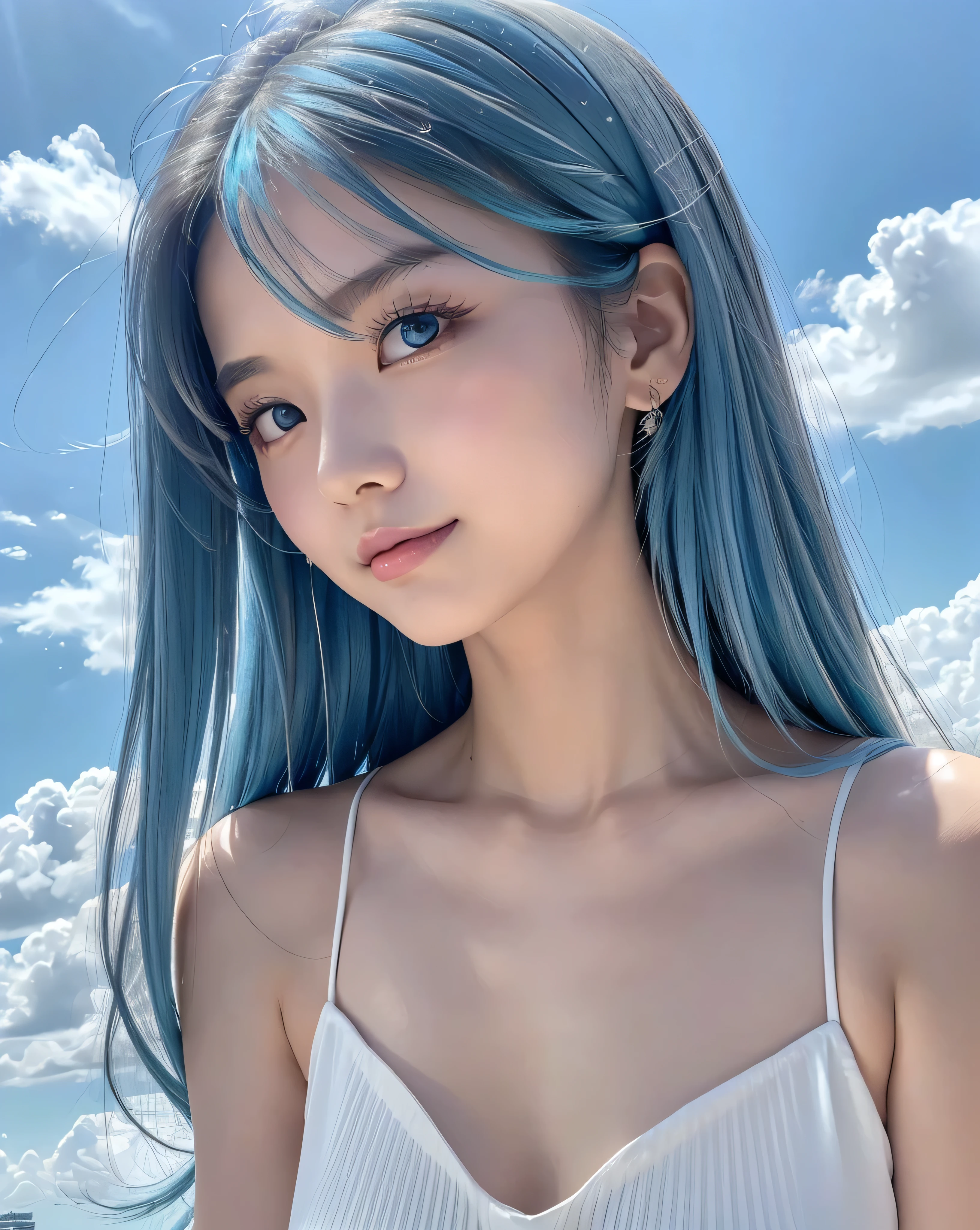 (highest quality, 32k, High resolution, Masterpiece:1.5, ), marimo_jet, god々A photograph with brilliant dazzling and healing power., Evoking a sense of calm and elusive beauty, Expressing emotions, Have a rich imagination,Beautiful Japanese Girls, An exceptionally beautiful face, Small Face Beauty, Perfect Human Anatomy, ((Low - Angle:1.0)), ((Low - Angle: leaning forward and looking down:1.1)), Magical big eyes, Motherhood and generosity, Deep Love, fleeting smile, ((Shiny light blue hair:1.3)), ((Super long straight silk hair 1.2)), Asymmetrical bangs, Hair between the eyes, Transparent, soft white skin, Sharp eyebrows, Thin lashes, Natural Makeup, Cheek highlighter, Pale pink detailed lips, , ((White dress:1.2)), High resolution perfect collarbone, High resolution beautiful bust, Slim figure with ample breasts, High resolutionの美しい太もも, ((Detailed blue sky background:1.3)), Dazzling Sun, Professional Lighting, Professional photographer, Professional models, God's Secret