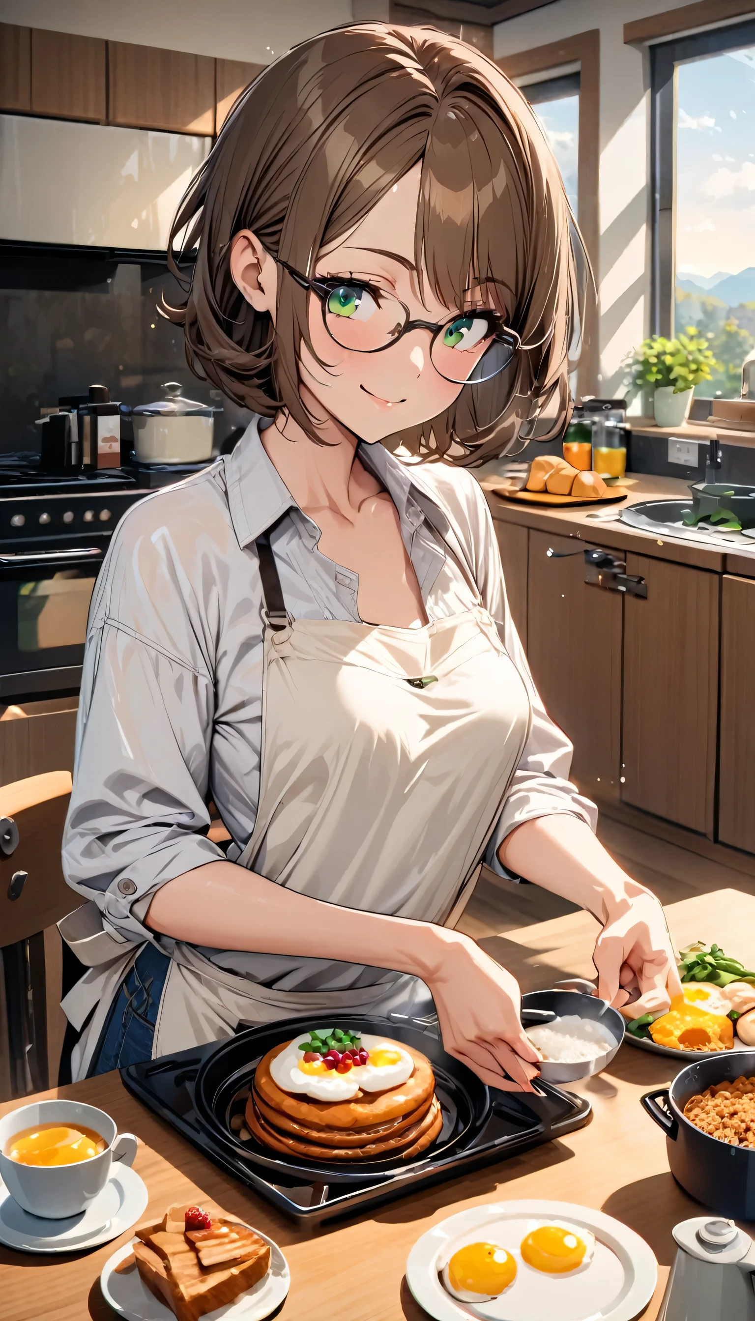 (cooking style) (solo bob brown hair short hair cute woman, cute green eyes, glasses, soft smile, medium tits), (in a Casual shirt, hot pants, apron), (in the living room, breakfast on the table), (detailed background beautiful morning), BREAK, perfect anatomy, masterpiece, best quality, 16k, daydreaming expression.