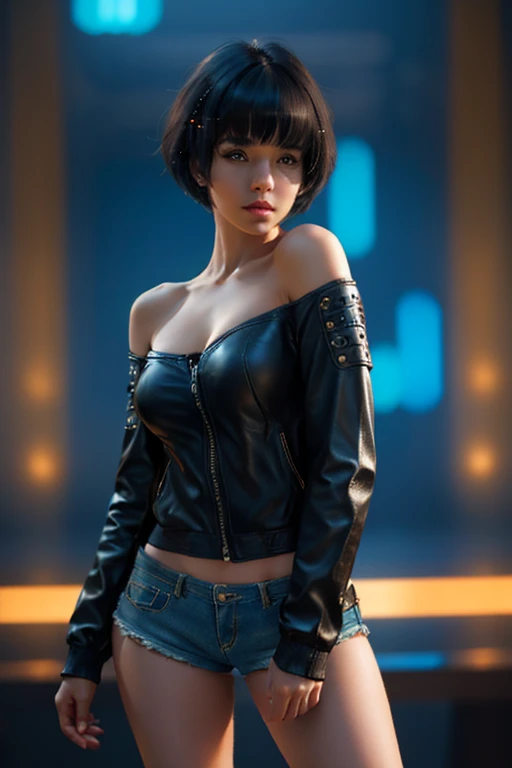beautiful young female model, short hair with bangs tight dark top + shorts, highly detailed, best quality, full body portrait, intricate details, depth of field, larger breasts, sexy, permissive, 1 person, embellishments, light skin, glamor , cyberpunk, 8k ultra hd, off shoulder, leather jacket, symmetrical, nightlife.