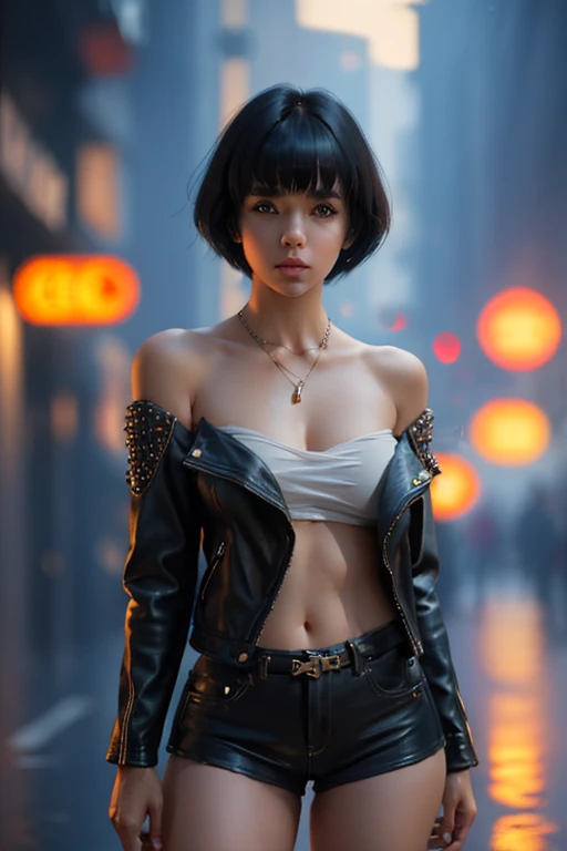 beautiful young female model, short hair with bangs tight dark top + shorts, highly detailed, best quality, full body portrait, intricate details, depth of field, larger breasts, sexy, permissive, 1 person, embellishments, light skin, glamor , cyberpunk, 8k ultra hd, off shoulder, leather jacket, symmetrical, nightlife.