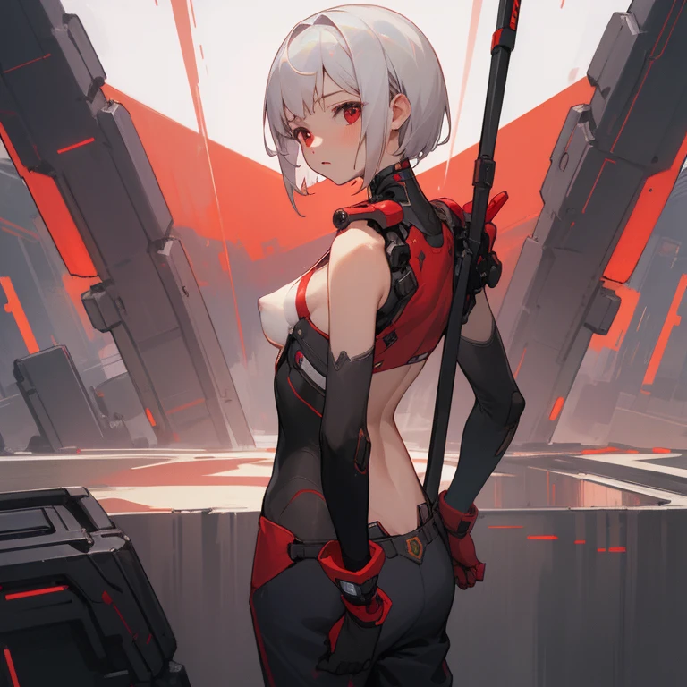 ((highest quality)), ((masterpiece)), (Become familiar with), 1 girl, alone, Silver Hair,Brown Skin,Red eyes,Long trousers,Red sleeveless,Clothes with a visible back, thin,thin,short hair,Small , Erect ns, glober punk,SF