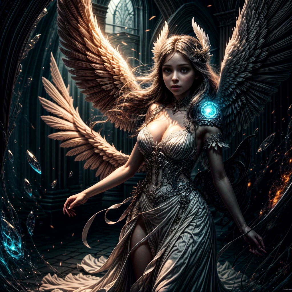 8K, Best Quality, Masterpiece, Ultra High Resolution, (highly detailed CG unity 8k wallpaper), (best illustration), (best shadows), isometric 3D, octane rendering, ray tracing, highly detailed, (wide panoramic view: 1.1), Realistic hands. Blurred foreground. [there is a woman in a white dress holding a blue object, full - body majestic angel, beautiful cyborg angel girl, big angel wings wide open, of beautiful angel, angel knight gothic girl, an angel of the dawn light, angel knight girl, angelic wings, ethereal wings, one angel, epic angel wings, angel girl, big white glowing wings]