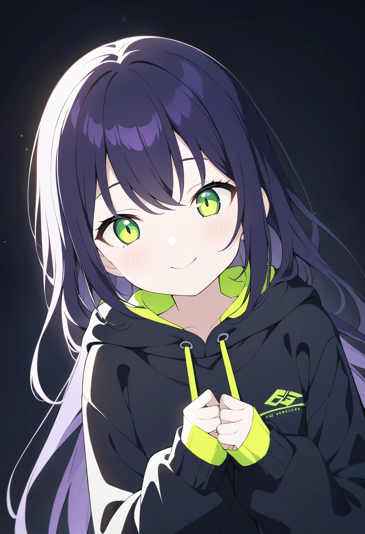 highest quality, masterpiece,Black dark blue hair, Fluorescent yellow-green eyes,Big eyes,Black clothes, Long sleeve、Black anorak parka、Front Angle、Gazing at the audience、Upper Body,hair,Fair skin,長いhair、Purple hair tips、highest quality、最高masterpiece、smile、長いhair、Purple hair tips、Plain black clothing、Night sky background、Dark Background、Perfect Face、Cute Face

