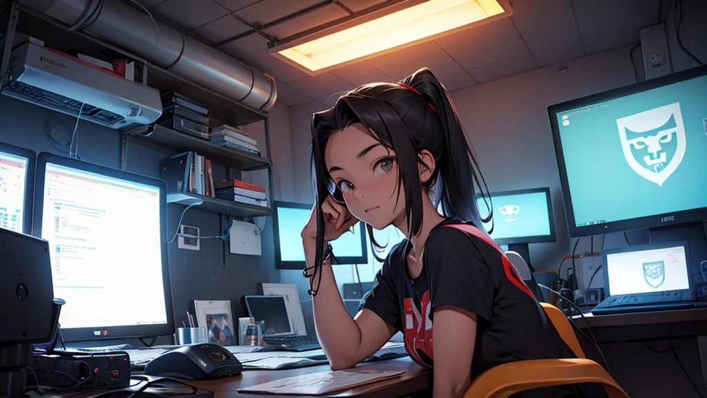 Uma chinesa de 16 anos, hacker especialista em tecnologia. She is in her cozy and relaxing room
