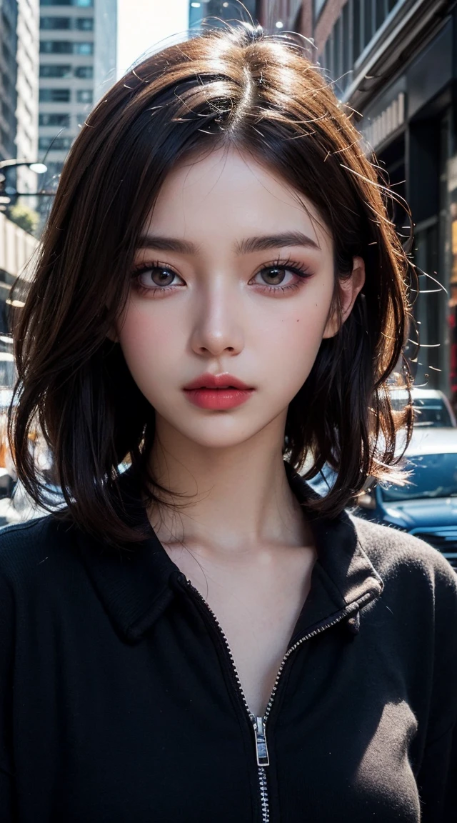 beautiful girl, Half Body Portrait, Short, bright red, messy hair, Black eyeshadow, (Street Style Wear:1.2), (Urban Background:1.2), Heavy makeup, Digital Art, Trending on Art Station, highly detailed, The finer details, complicated, beautiful detailed glow, detailed, Cinematic Light, High resolution, detailed facial features,Sharp focus, Smooth, beautiful,
