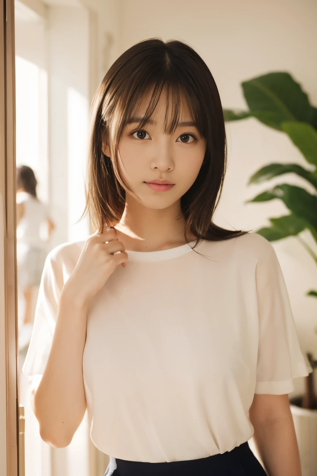 (masterpiece,highest quality,超A high resolution), (((とても美しい18-year-oldの少女))), Natural light, (White wall, Open window), beautiful girl, (light makeup, Thin eyebrows, Thin eyebrows, ), ((Attractive look)), 18-year-old、Look at the photographer､  Very cute face, Glossy lips, A woman in white clothes takes a photo, White sweater, (Short sleeve), Pleated skirt, ((Very simple clothes, 8k)), Very simple clothes, 4K,Natural look, ((innocent, Close your lips)), (light makeup, Delicate eyelashes, The light hits my cheek), Glossy hair､(bangs, Medium Hair),  Perfect limbs, Perfect Anatomy, The wind is blowing