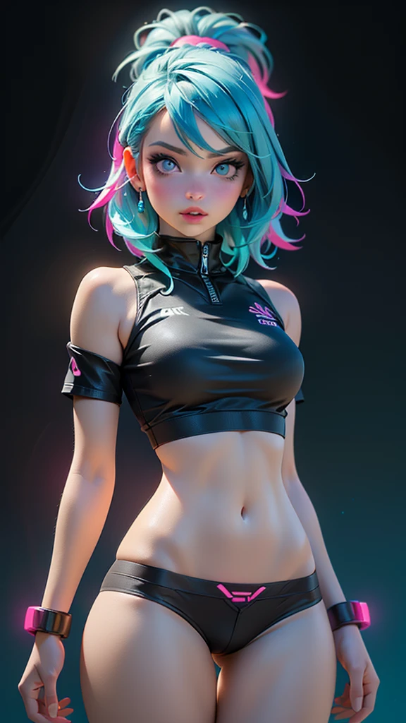 ((Best Quality)), ((Masterpiece)), ((Realistic)) and ultra-detailed photography of a 1 nerdy girl with goth and neon colors. She has ((turquoise hair)), wears a (tech-wear top) and a (black thong, red pattern:1.2) , ((beautiful and aesthetic)), sexy, under-boobs, hot, bioluminescence