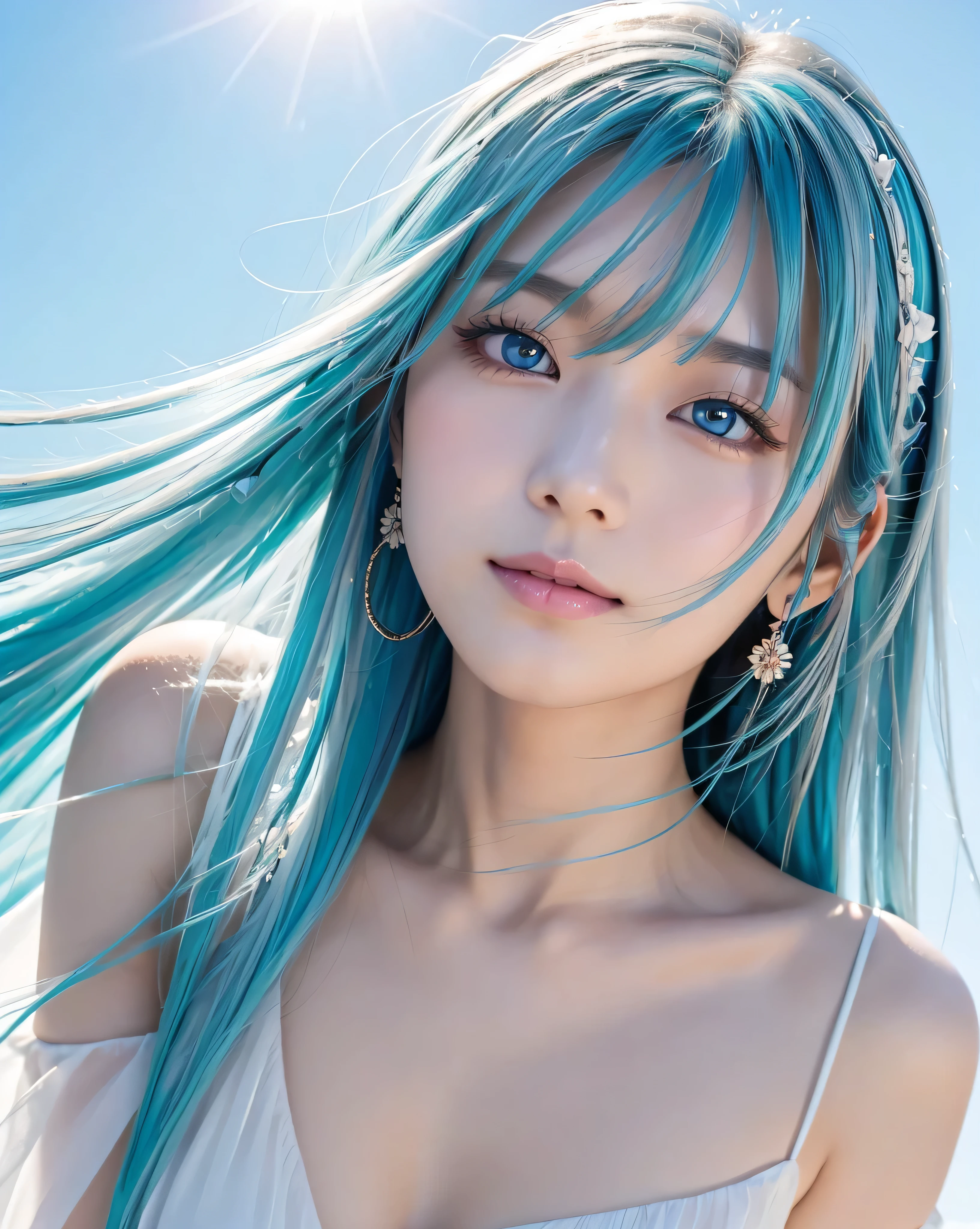 {{masterpiece}}, {{highest quality}}, {{Super detailed}}, cinematic lighting,Beautiful delicate shine, dynamic angle, written boundary depth, light_leak, wonderful, small details, 4K, 8K, japanese idol, blue hair, elegant model, azure sky, flower garden, green grassland, calm expression, Shining warm colors, Natural attractions, blue bura, curl hair, NSFW,
