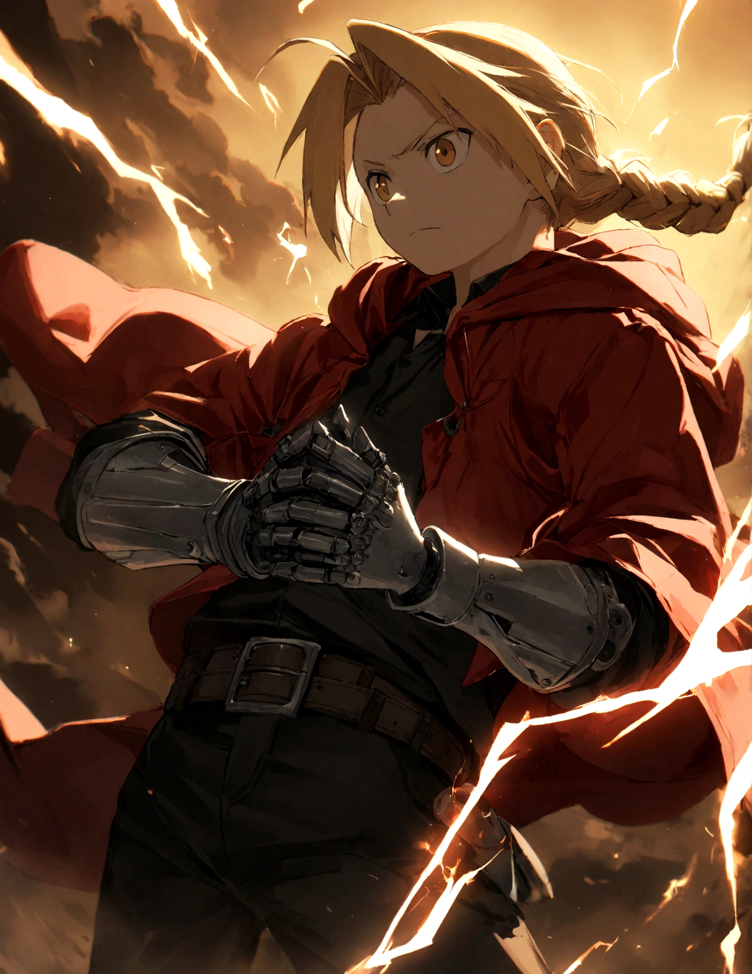 1 boy, Edward Elric\(Fullmetal Alchemis\), red coat, hood, white gloves, black pants, belt, black jacket, black shirt, braided ponytail, put palms together, raise elbows, right arm has a steel prosthetic hand, mechanical armor, automail, electricity,