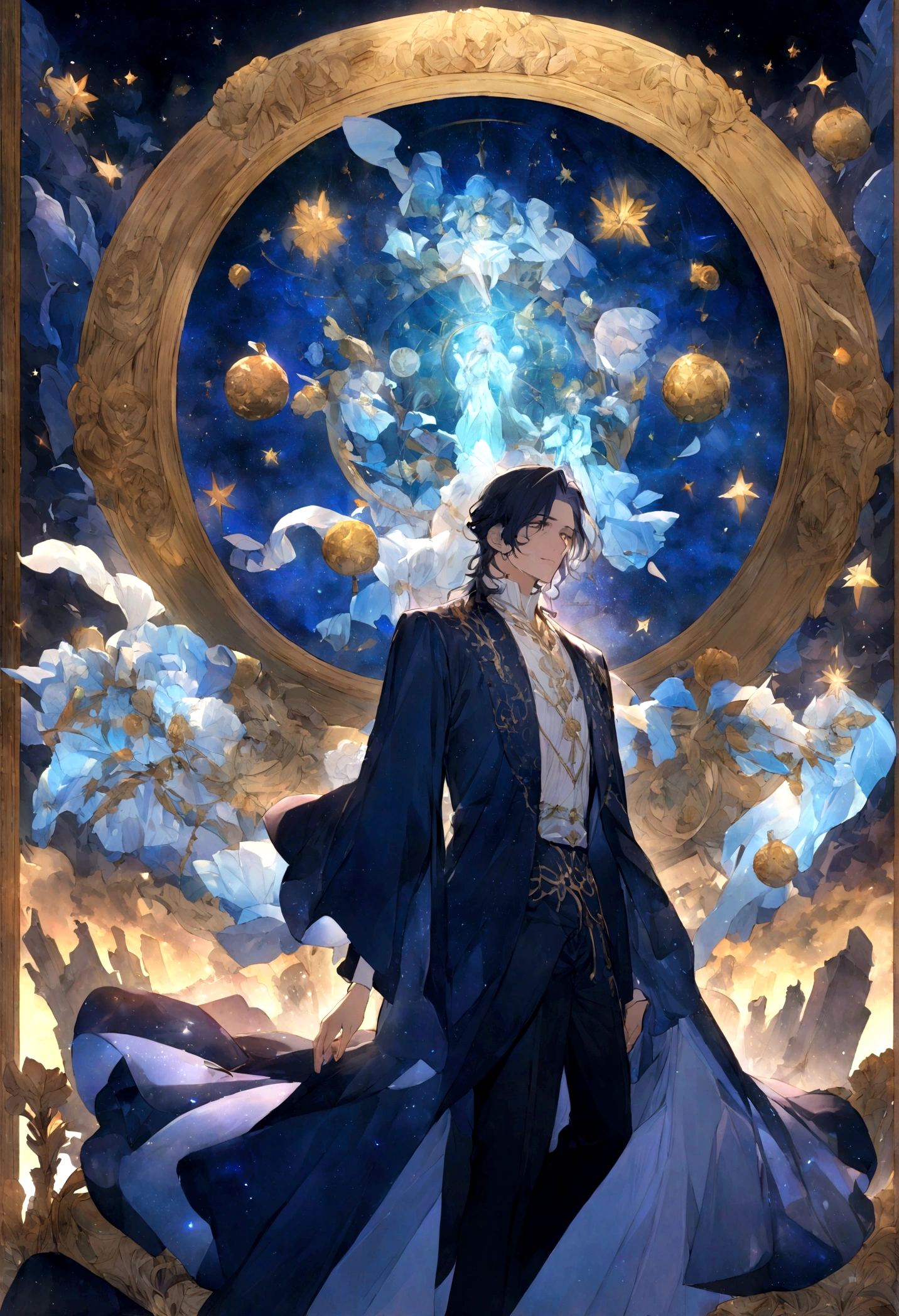 Un chico hombre caminando hacia adelante en el prado de noche, vestido de manera elegante con un saco cian largo, el cielo lleno de estrellas y a un costado el signo zodiacal de virgo.