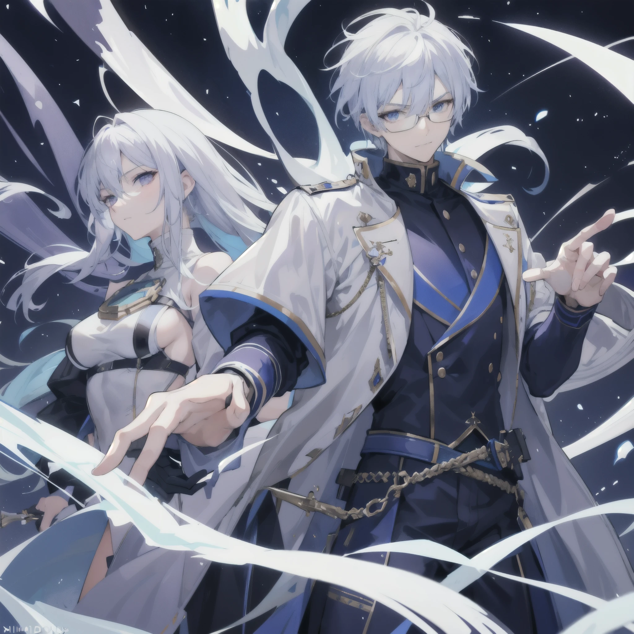Killa, male, gunner type mage, 20 years old, with white hair, holding a deep sky blue, light navy blue, and violet colour of gun, and wearing glasses, he looks very dignifiedmake, he only have 1 hand, which is the right hand, his left hand is missing make him wear bandages in his head