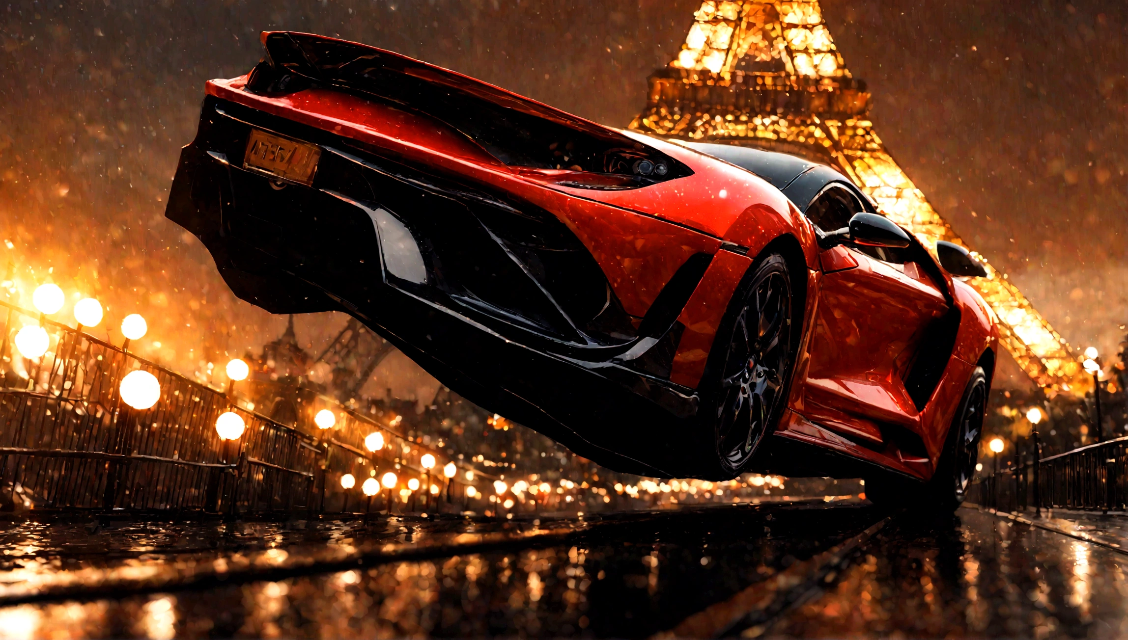 a red and black supercar, aggressive design, eiffel tower in the background, realistic, photorealistic, 8k, best quality, highly detailed, professional, intricate details, dynamic pose, glossy paint, metallic surfaces, depth of field, dramatic lighting, cinematic composition, warm color tones, chiaroscuro lighting
