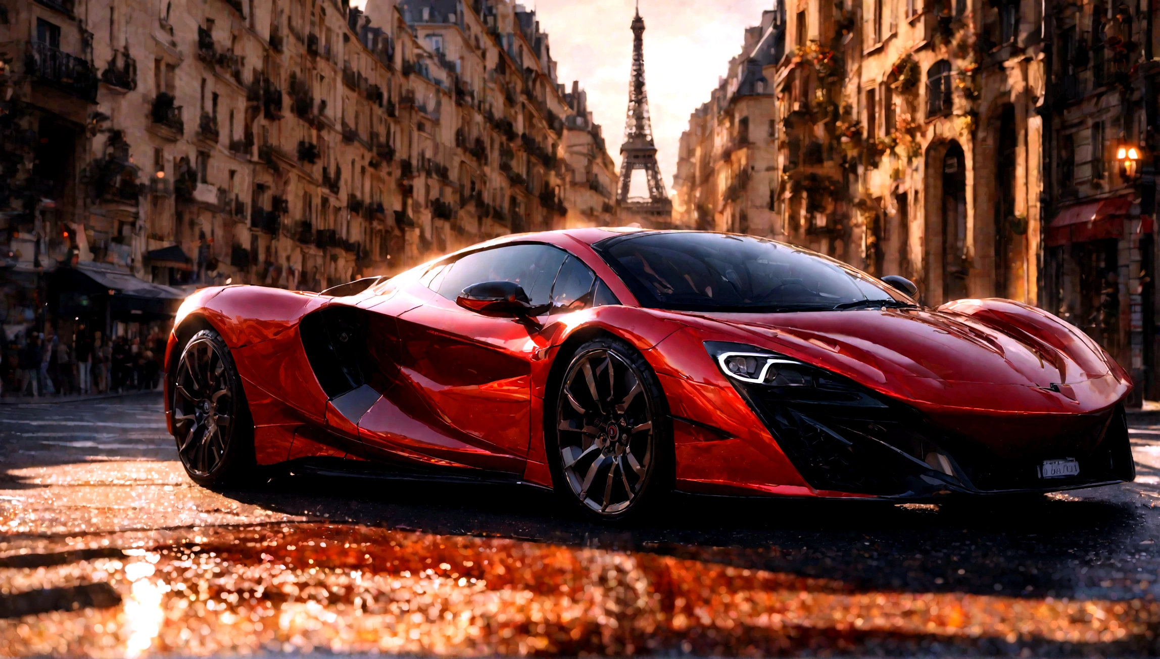 a red and black supercar, aggressive design, eiffel tower in the background, realistic, photorealistic, 8k, best quality, highly detailed, professional, intricate details, dynamic pose, glossy paint, metallic surfaces, depth of field, dramatic lighting, cinematic composition, warm color tones, chiaroscuro lighting