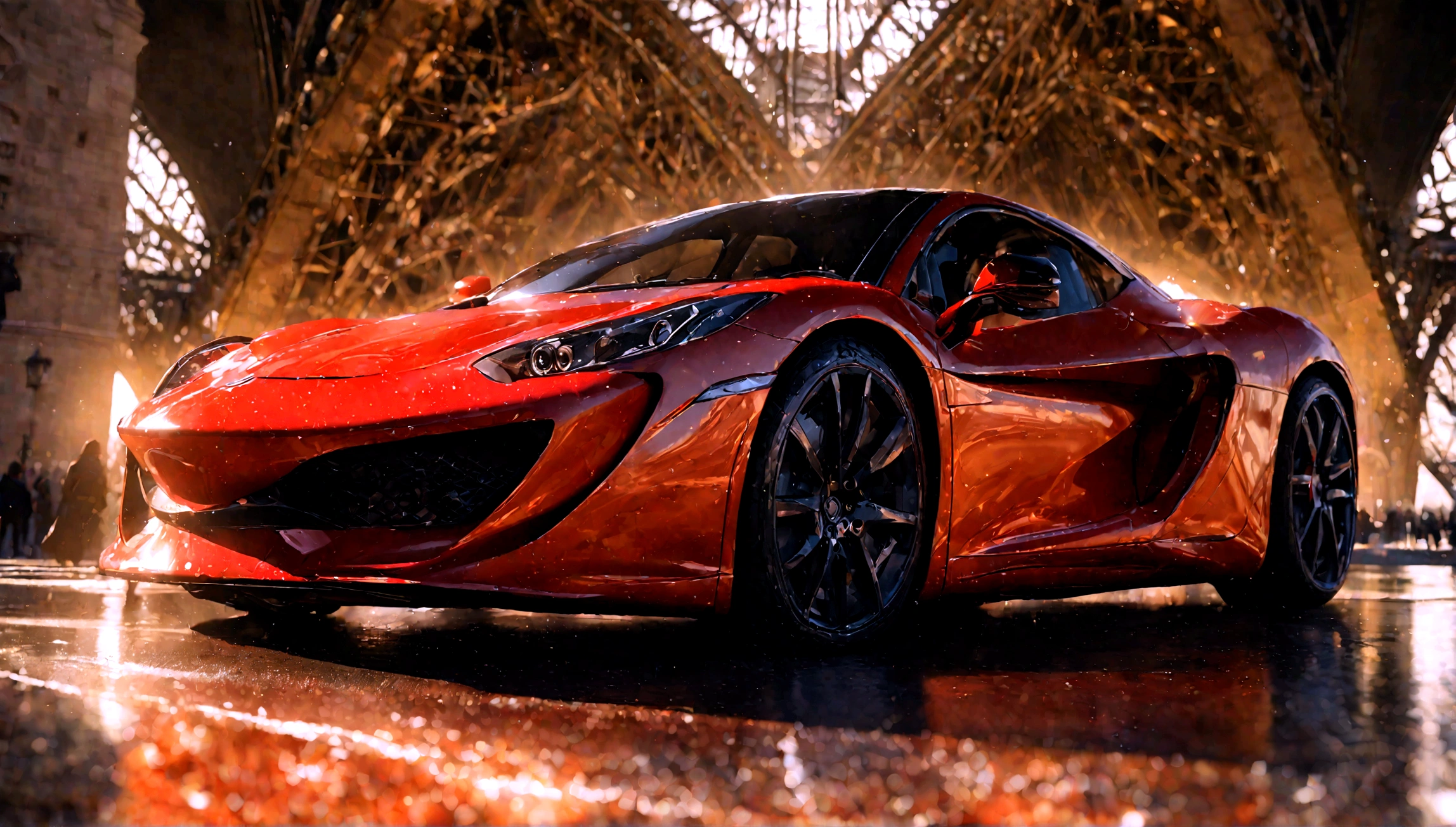 a red and black supercar, aggressive design, eiffel tower in the background, realistic, photorealistic, 8k, best quality, highly detailed, professional, intricate details, dynamic pose, glossy paint, metallic surfaces, depth of field, dramatic lighting, cinematic composition, warm color tones, chiaroscuro lighting