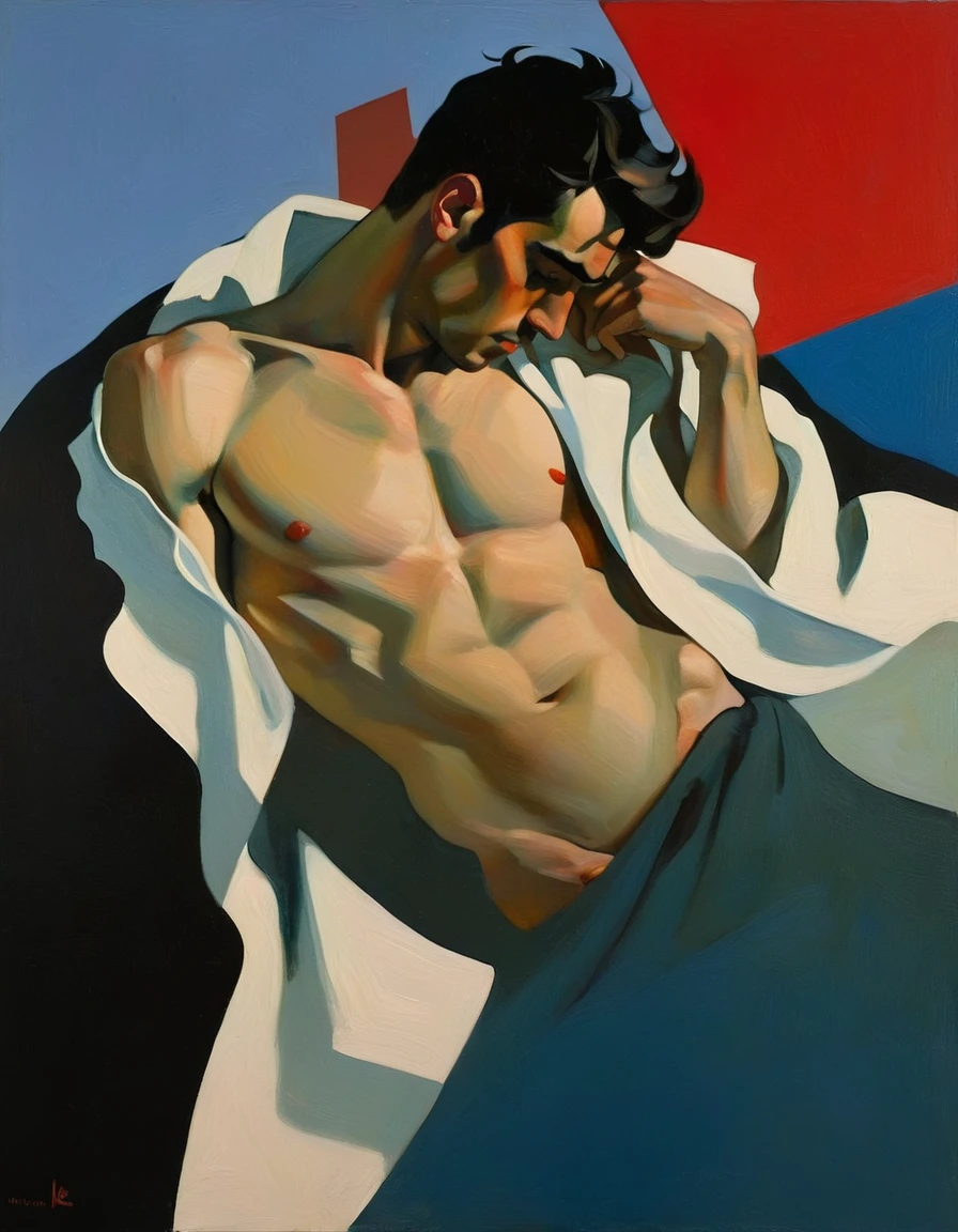 chiaroscuro technique on sensual illustration of an arafed man resting in white blanket, sexy masculine, model with attractive body, inspired by Ludovit Fulla, mid-shot of a hunky, the model draped in flowing, thick oil painting by Harumi Hironaka, extremely soft colors, vibrant, highly detailed, malcolm liepke painting, oil on canvas, high contrast, dramatic, refined, tonal, Create high contrast between light and shadow by Leon Polk Smith, memphis abstract minimal art, graphic shapes, minimal art, blue and red, minimal art style, bauhaus art, inspired by El Lissitzky, bold simple shapes, shadow