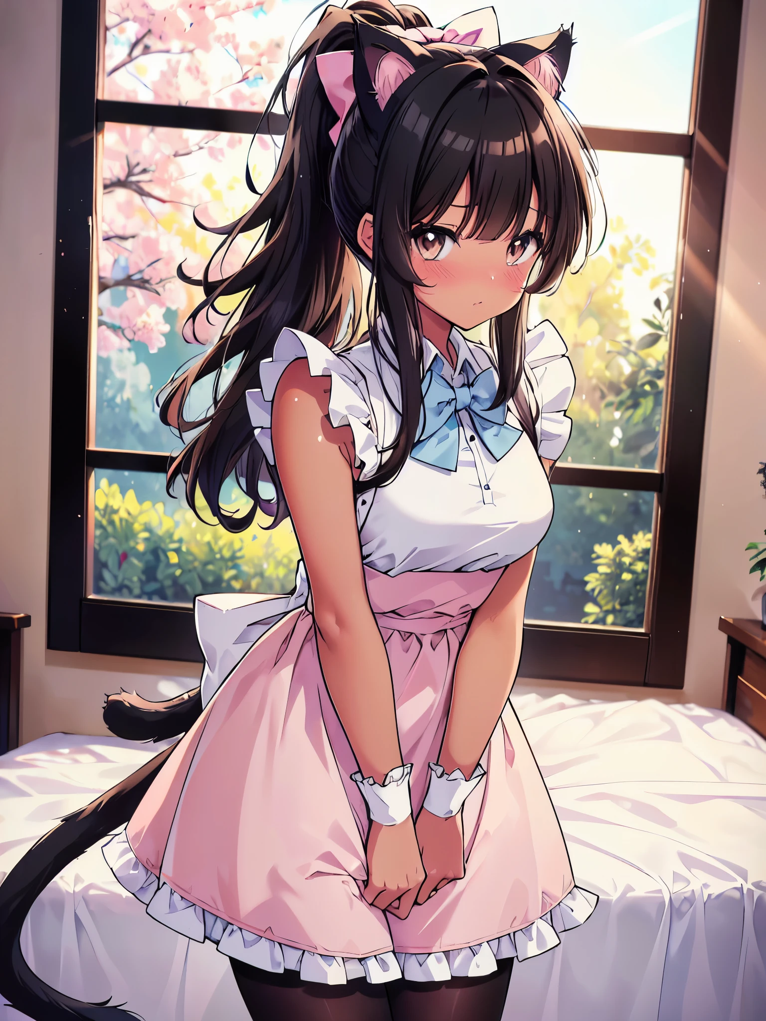 (cowboy shot), (ultra-high resolution, depth of field:1.2), 1woman, medium breasts, (tan skin:1.4), brown eyes, (long straight black hair), ponytail, bangs, cat ears, cat tail, (light pink maid uniform), (light blue bow:1.2), pantyhose, cleavage, bedroom scenery, slightly leaning forward, arms behind back, (blushing), nervous