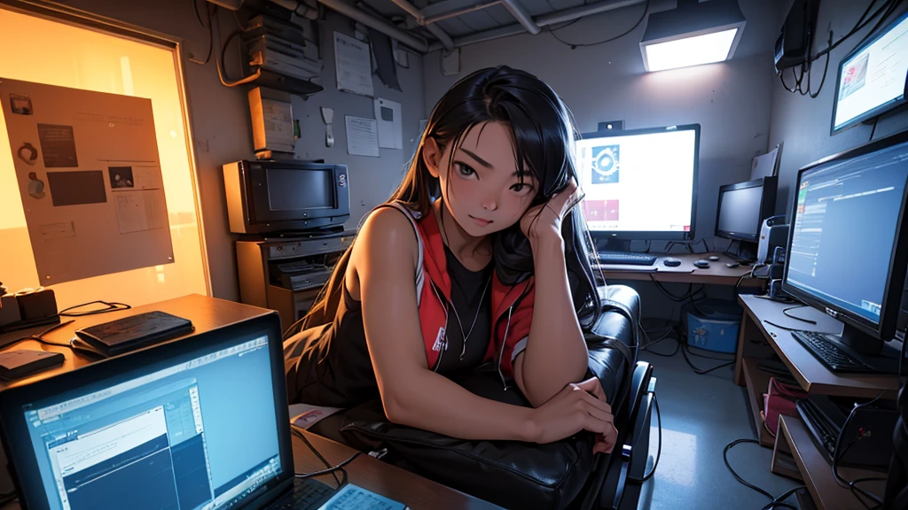 Uma chinesa de 16 anos, hacker especialista em tecnologia. She is in her cozy and relaxing room