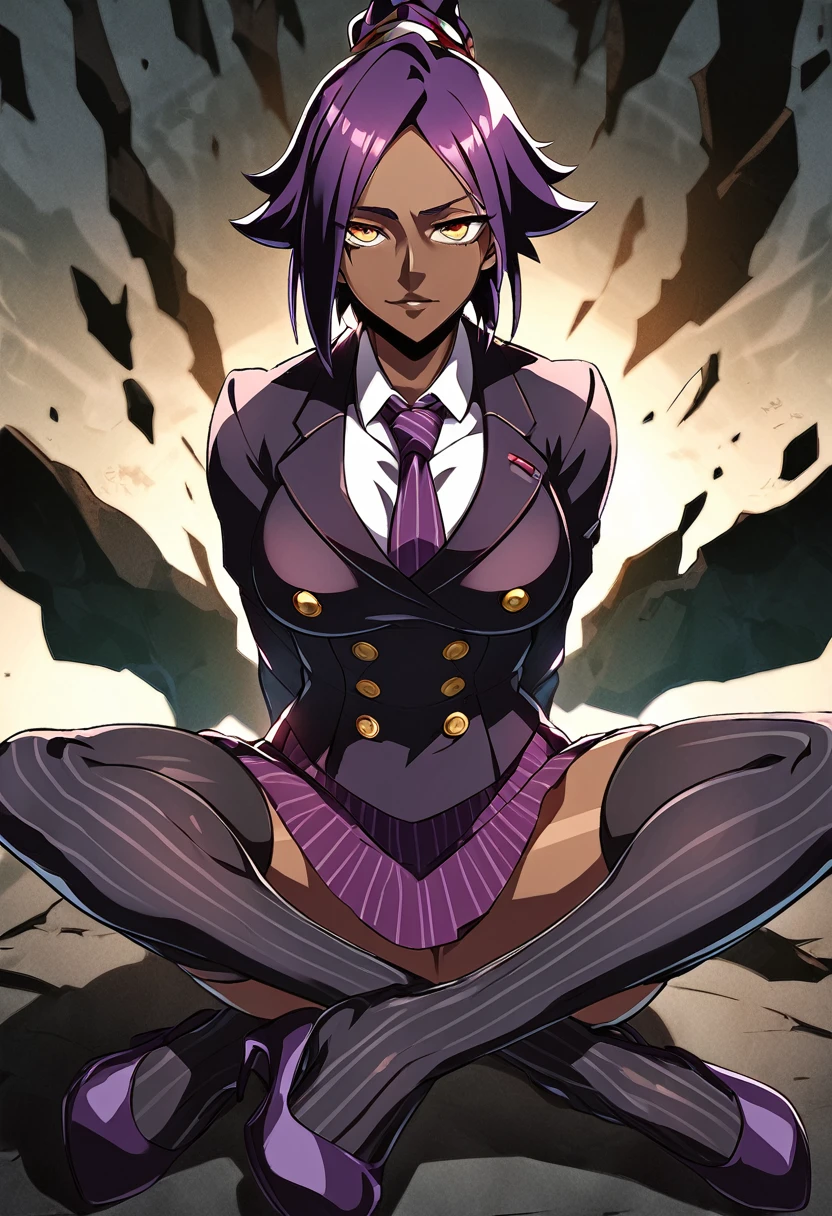  Full body Yoruichi as a thin Black business woman in a double breasted pinstripe purple  skirt suit while wearing a tie with a purple pinstripe skirt and with purple knee sock’s and stockings wearing purple heels while sitting full art anime make her look older 