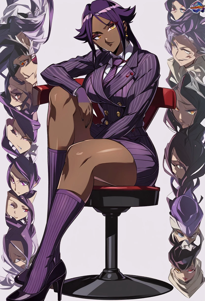  Full body Yoruichi as a thin Black business woman in a double breasted pinstripe purple  skirt suit while wearing a tie with a purple pinstripe skirt and with purple knee sock’s and stockings wearing purple heels while sitting full art anime make her look older 