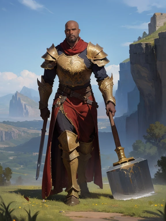 masterpiece, best quality, rpg character art, epic fantasy art style, 1 man, Garrick, 45 year old black man, stoic and reserved, full body fantasy concept art, he's a towering figure with a muscular build, dark brown skin, grey eyes, and a shaved head, high detail, casual medieval clothes (heavy, stone-like armor that makes him look like a walking mountain), (((he carries a massive hammer))), intricate details, ultra high resolution, sharp focus, HD, 8k, clear facial features, clear details, background is an open field, zoomed out view